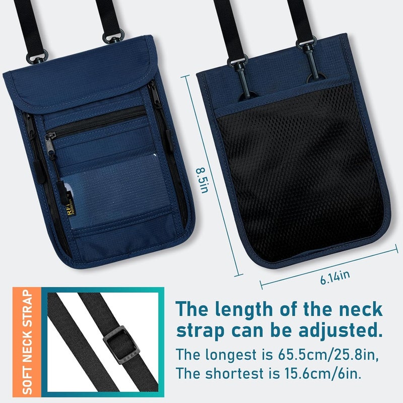 Sundee Travel Neck Wallet with Double Zippers, RFID Blocking Passport Holder with Adjustable Neck Strap for Men and Women to Keep Cash, Credit Cards and Travel Documents Safe - Navy Blue - Image 5